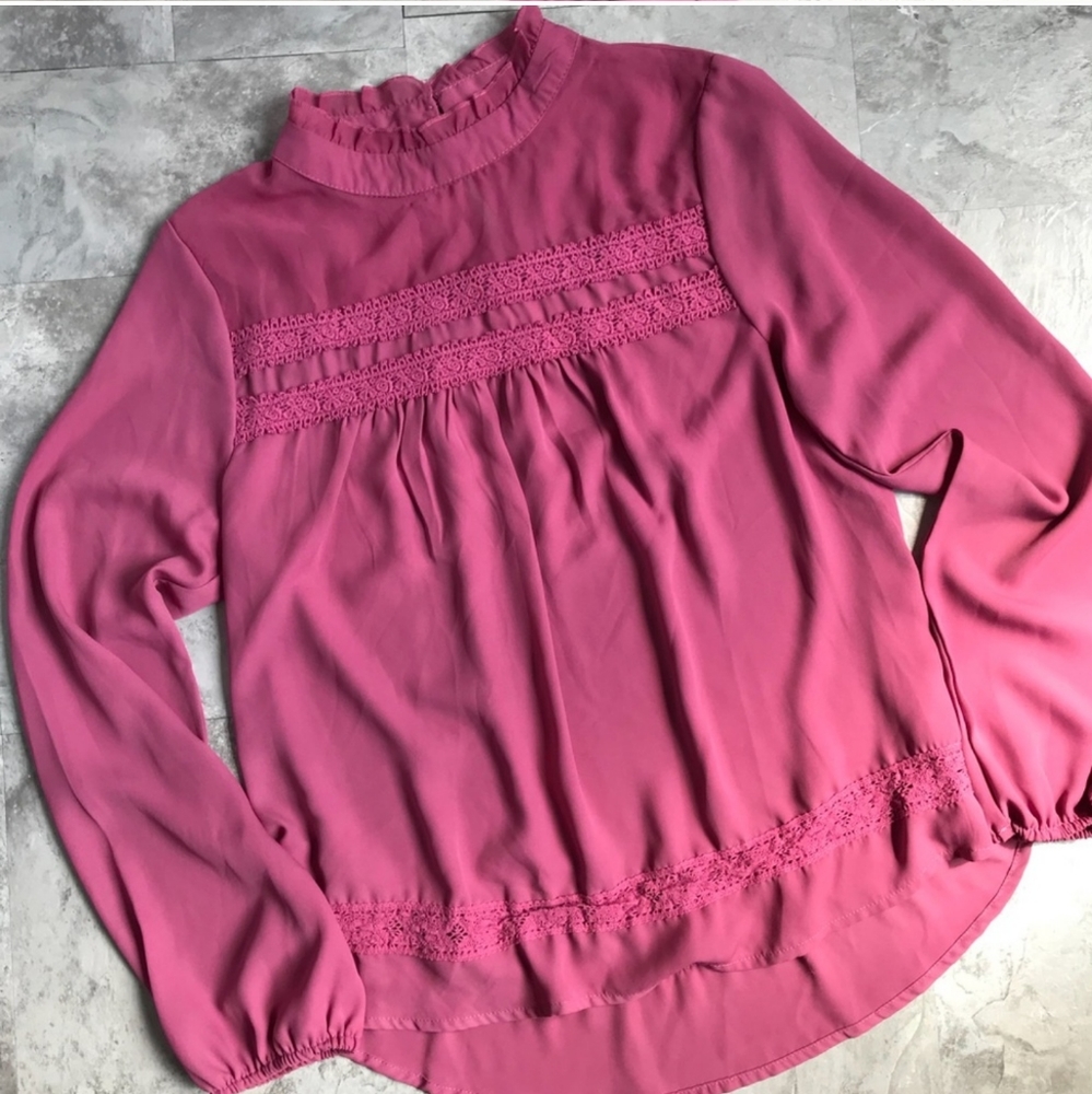 Self Esteem Magenta Lace-Trim Long Sleeve Blouse